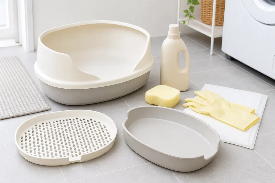 システムトイレの本体、すのこ、下段トレーを分解して洗う準備