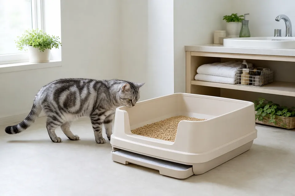 明るい室内で二層式のシステムトイレを確認するキジトラ猫